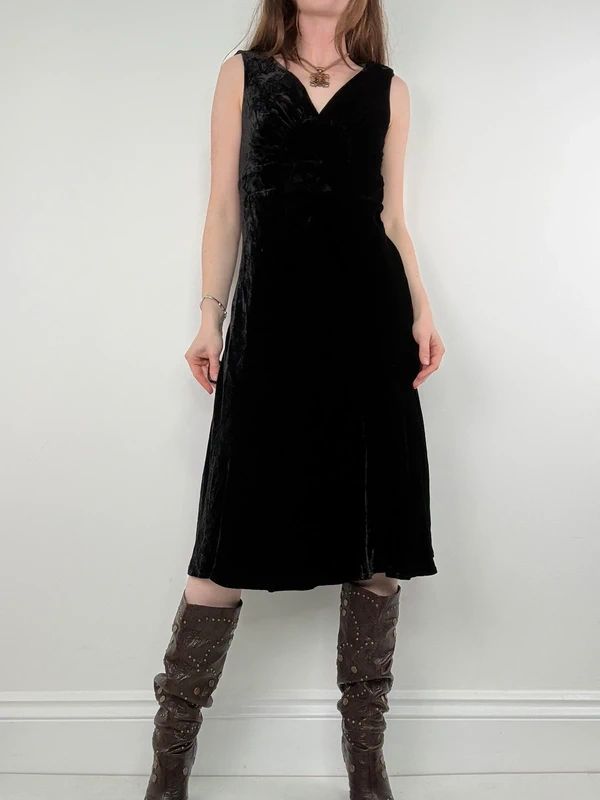 black velvet fitted flared midi dress