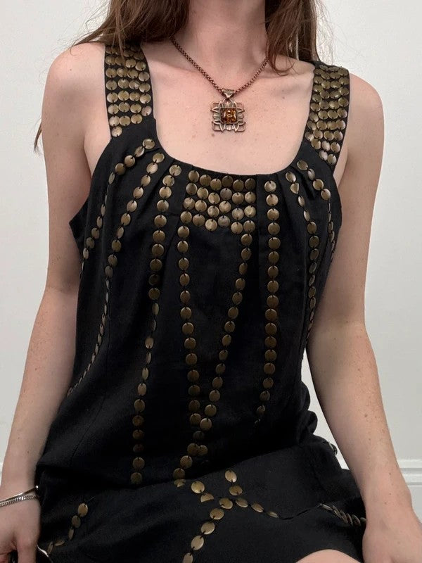 black linen metal gold studded mini Y2K party dress