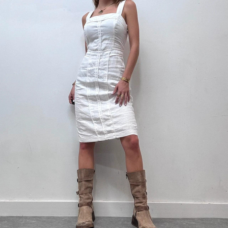 white linen fitted midi dress