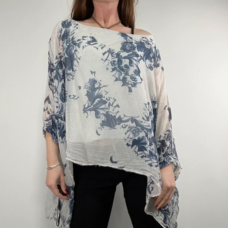 white and blue silk draped regency printed batwing blouse