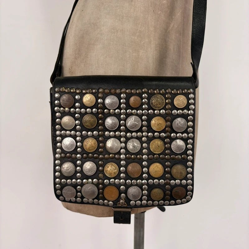 Black leather studded coin bag