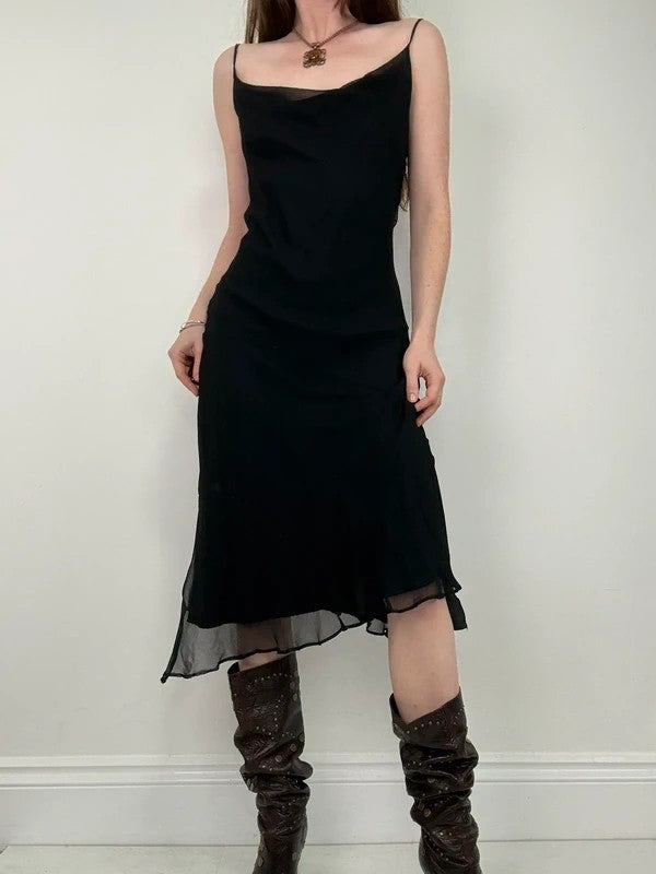 black silk bias cut layered flutter dress