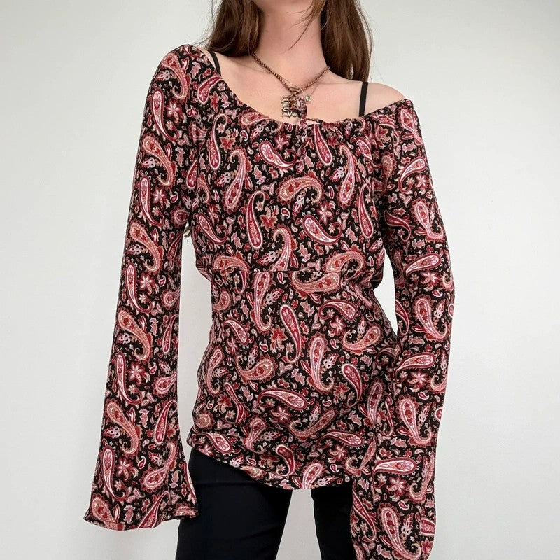paisley flared wide neck blouse