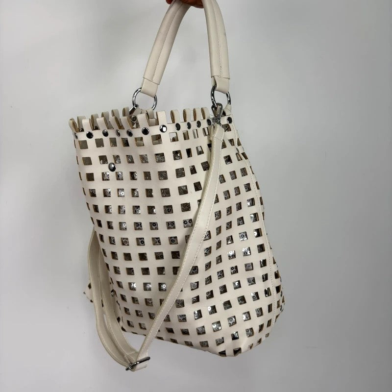 Studded faux-leather woven glitter hobo bag