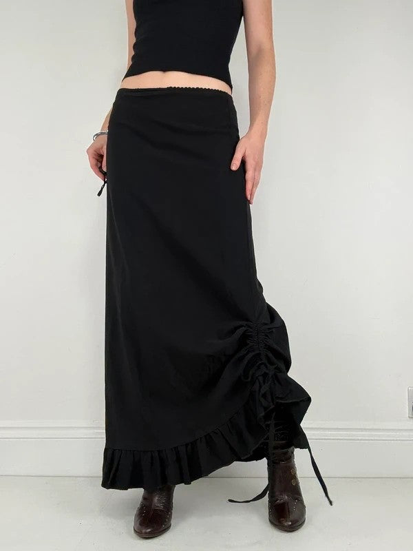 Low waisted black cinched ruffle maxi skirt
