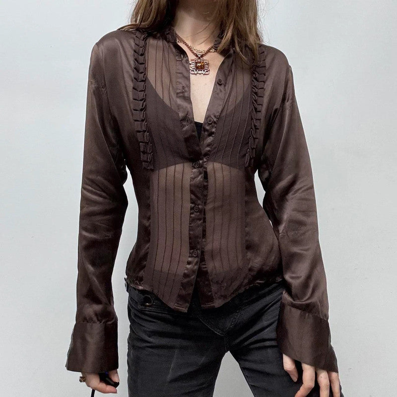 brown sheer silk pinstripe ruffle shirt