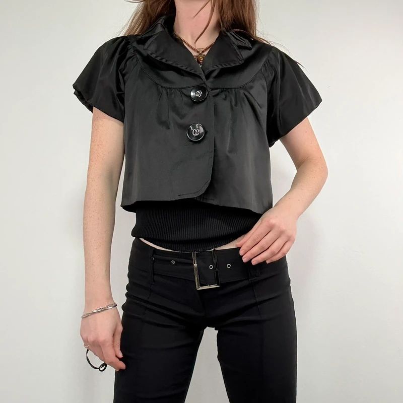 black satin cropped capped sleeve mini jacket