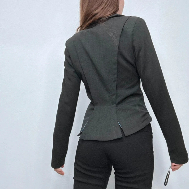 flared asymmetric grey button suit cropped jacket