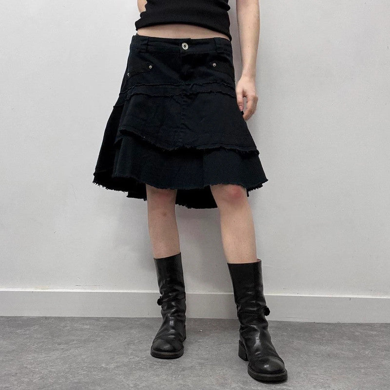 navy distressed midi skirt