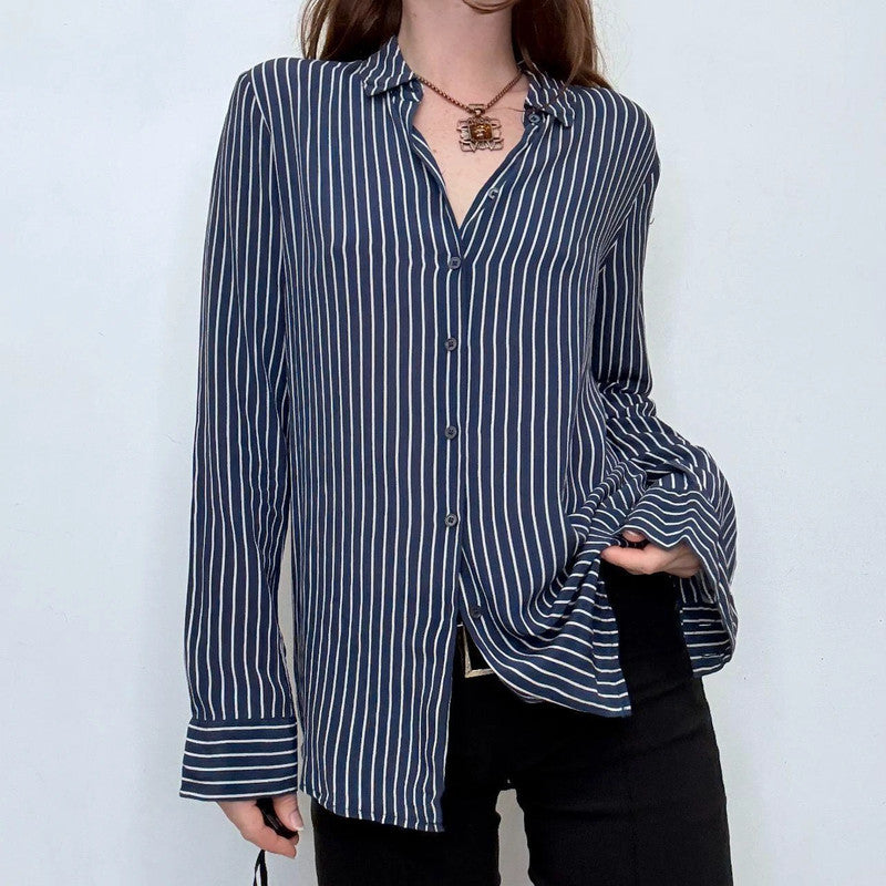 navy and white striped 100% silk shirt