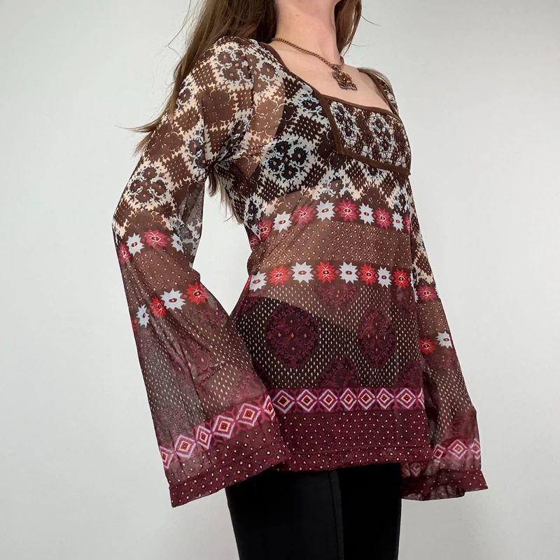graphic printed boho western flared mesh shirt