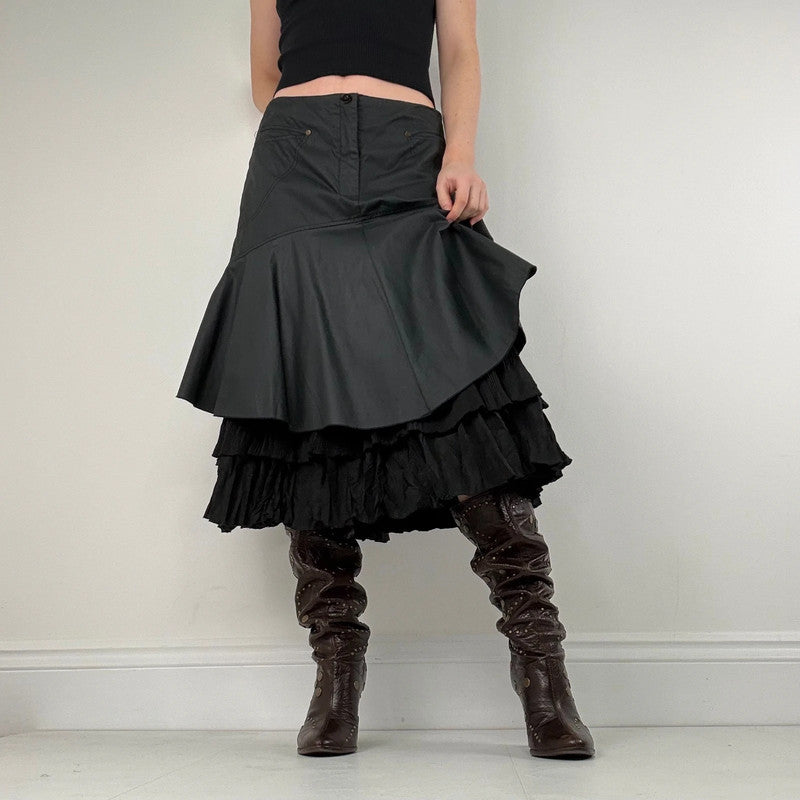 black pleated layered flared midi skirt