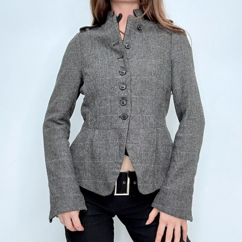 grey fitted flared high neck military jacket