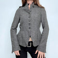grey fitted flared high neck military jacket