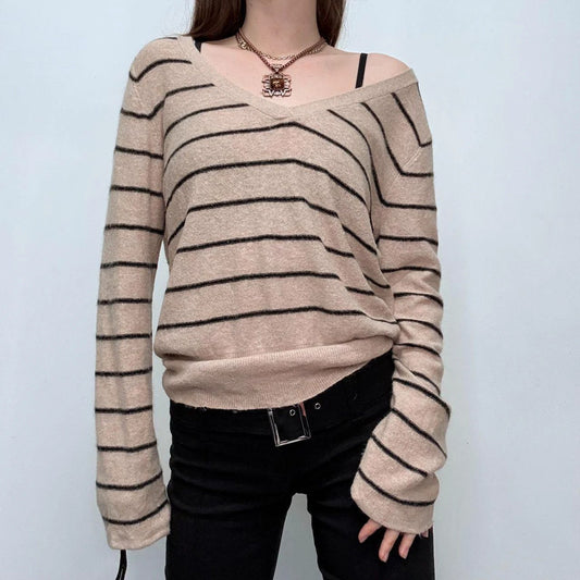 tan pinstripe wide neck slouchy jumper