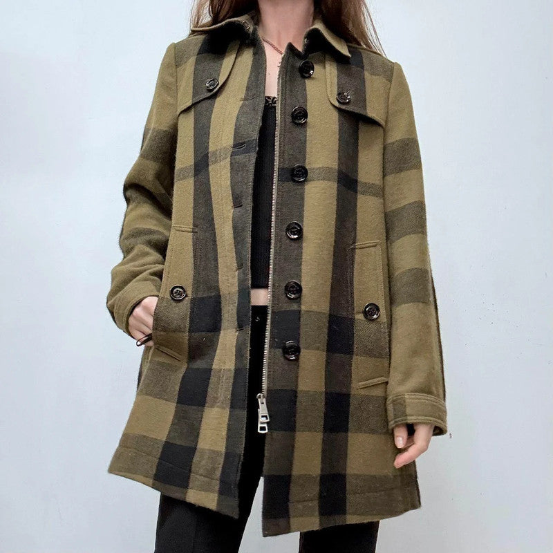 khaki Burberry tartan wool peacoat jacket