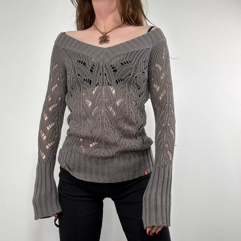 khaki lace knit off the shoulder slouchy jumper