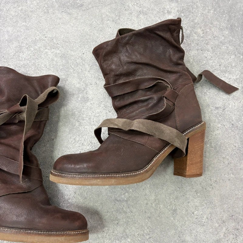 Chunky brown leather wrap around boots