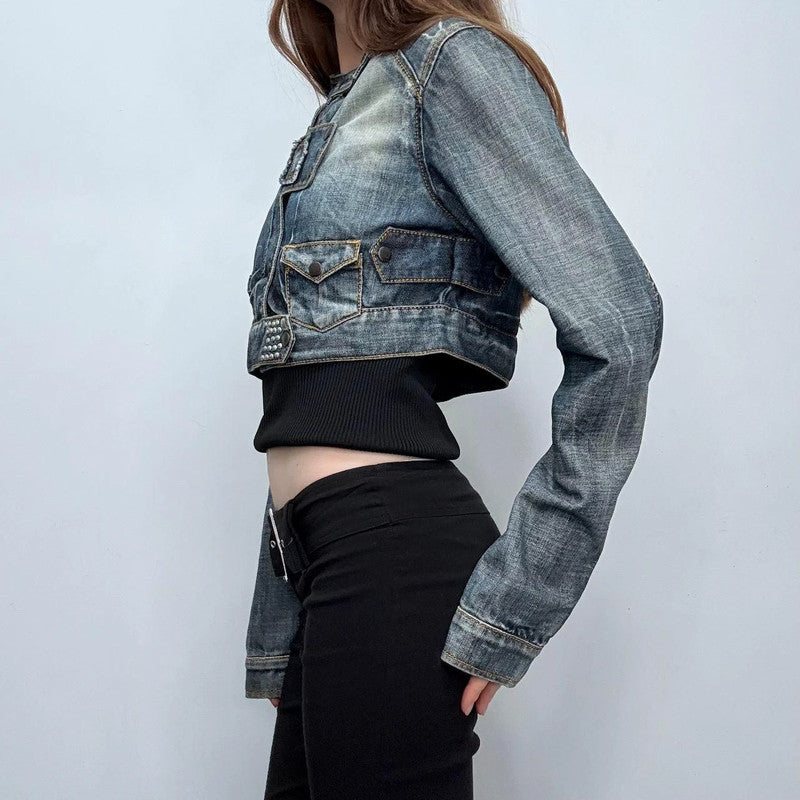 distressed denim cropped utility jacket