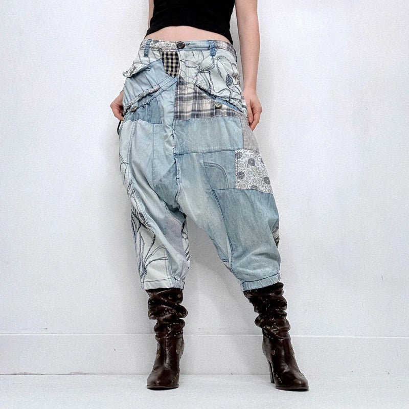 archival grunge patchwork denim puff trousers