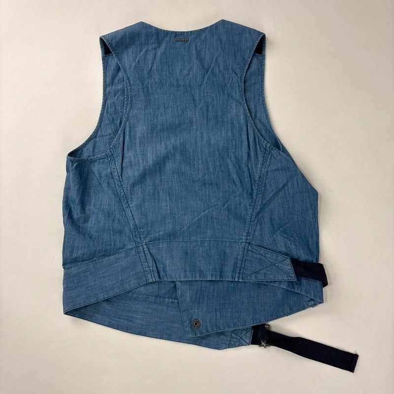 distressed denim asymmetric belted vest
