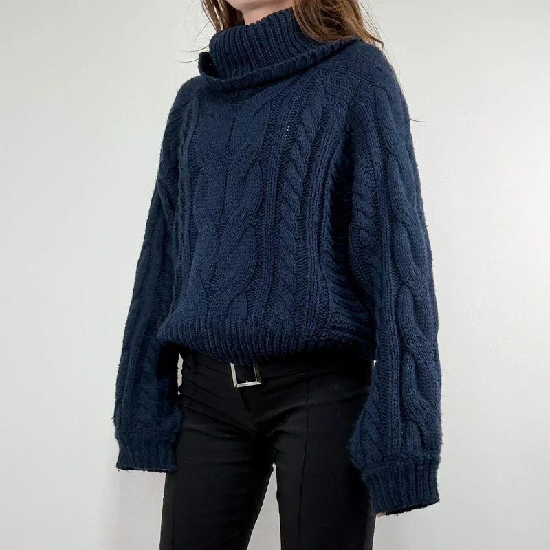 navy chunky cable knit turtle neck jumper