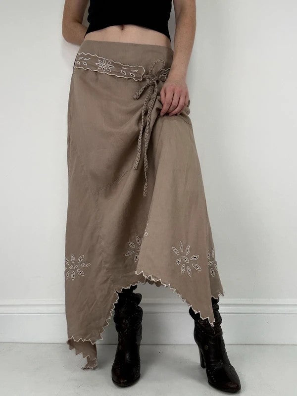 Beige linen boho western asymmetrical flared maxi skirt