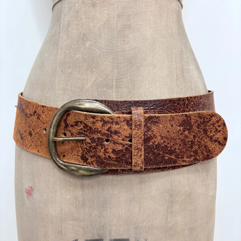 Distressed brown leather oversized thick belt