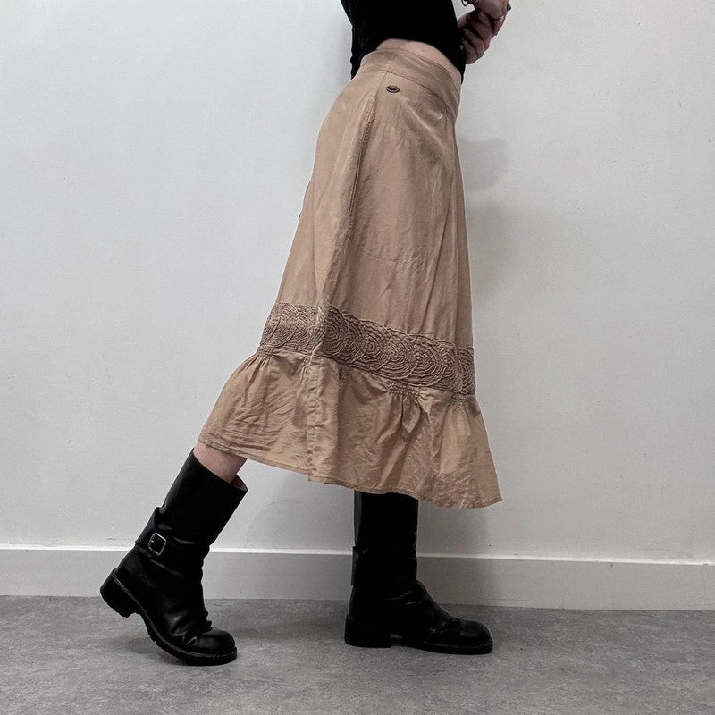 tan silk pleated flared midi skirt