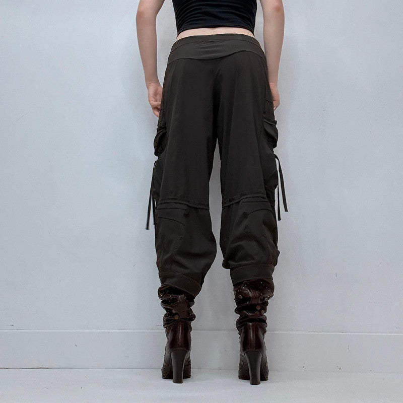 gathered pleated brown low rise grunge utility trousers