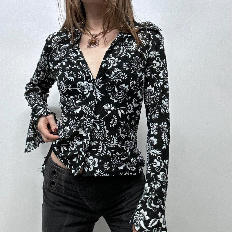 black floral sheer mesh lace shirt