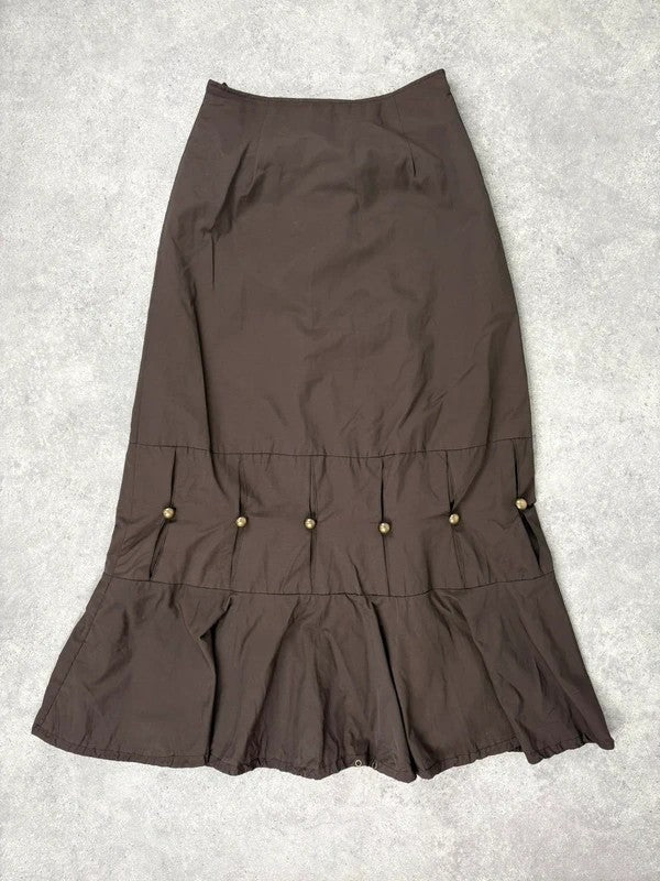 brown flared studded pleated maxi skirt
