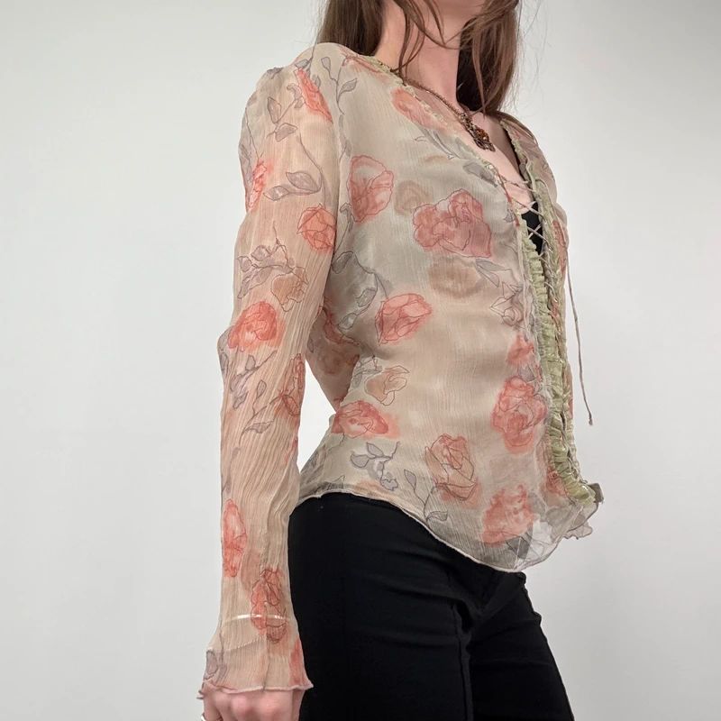 Sheer Crinkle Floral Lace-Up Fairy Shirt