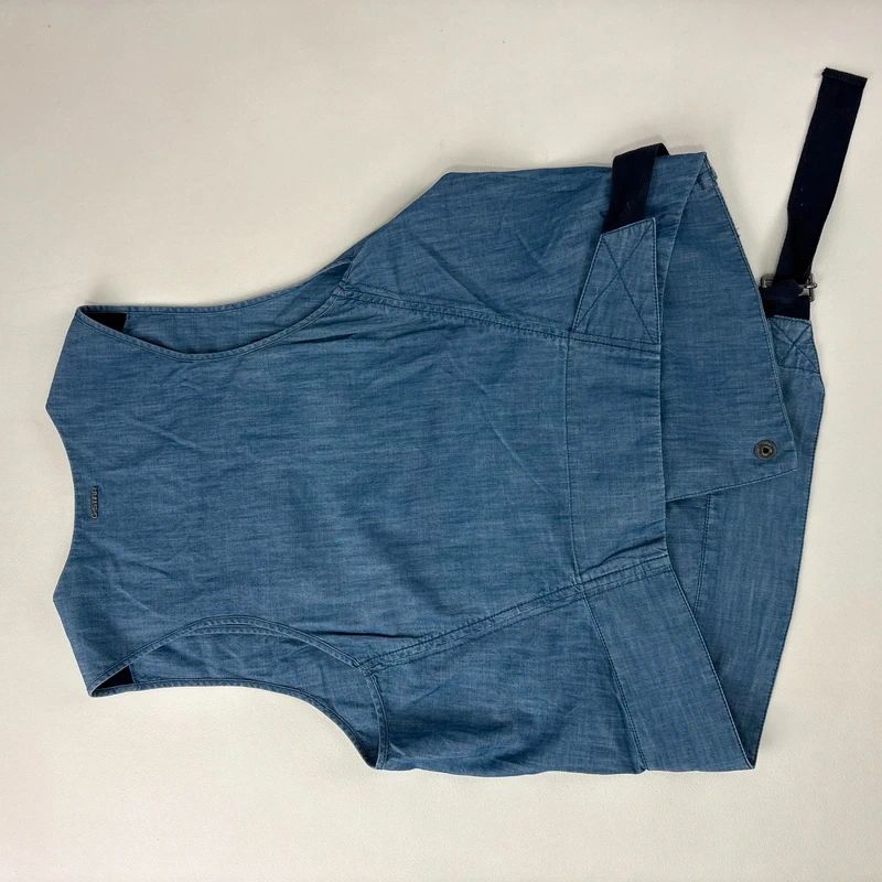 distressed denim asymmetric belted vest