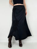 asymmetric black pleated gathered ribbon maxi skirt