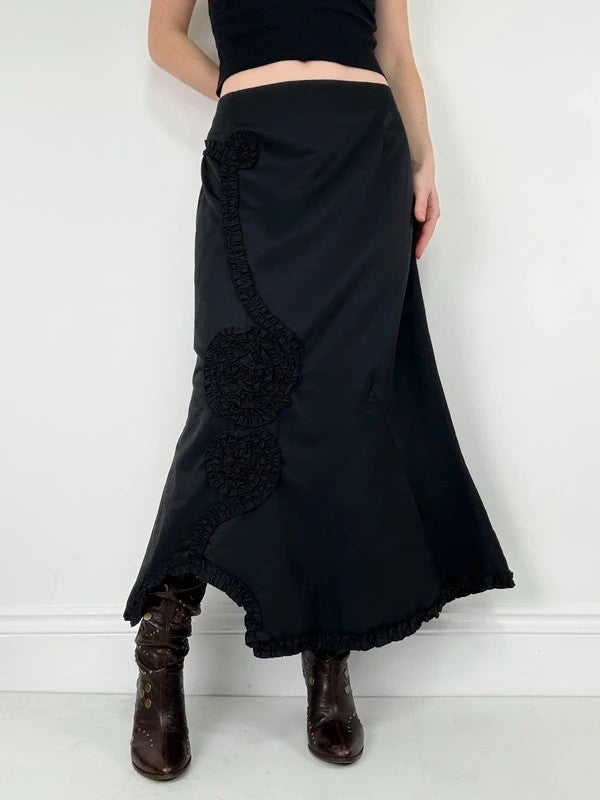 asymmetric black pleated gathered ribbon maxi skirt