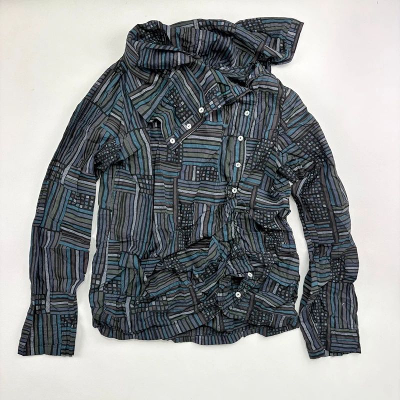Asymmetric fold over draped checked pinstripe Shirt