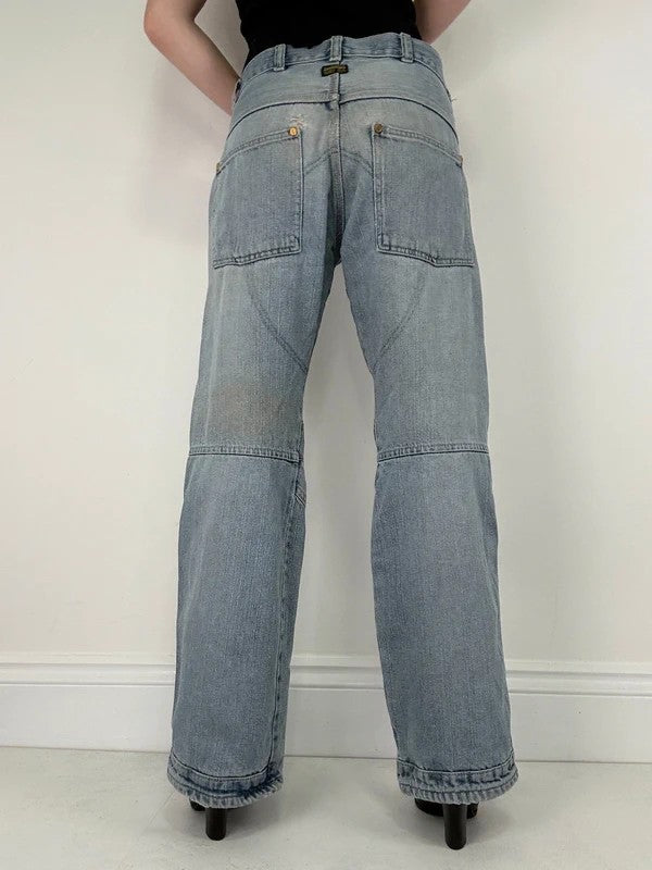 distressed light wash G-star raw cargo flare jeans