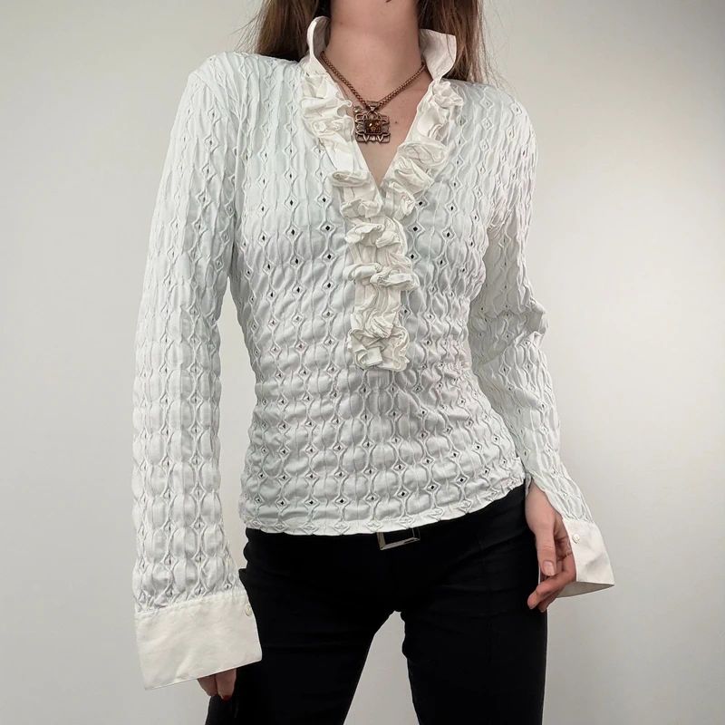 textured white fitted ruffle shirt