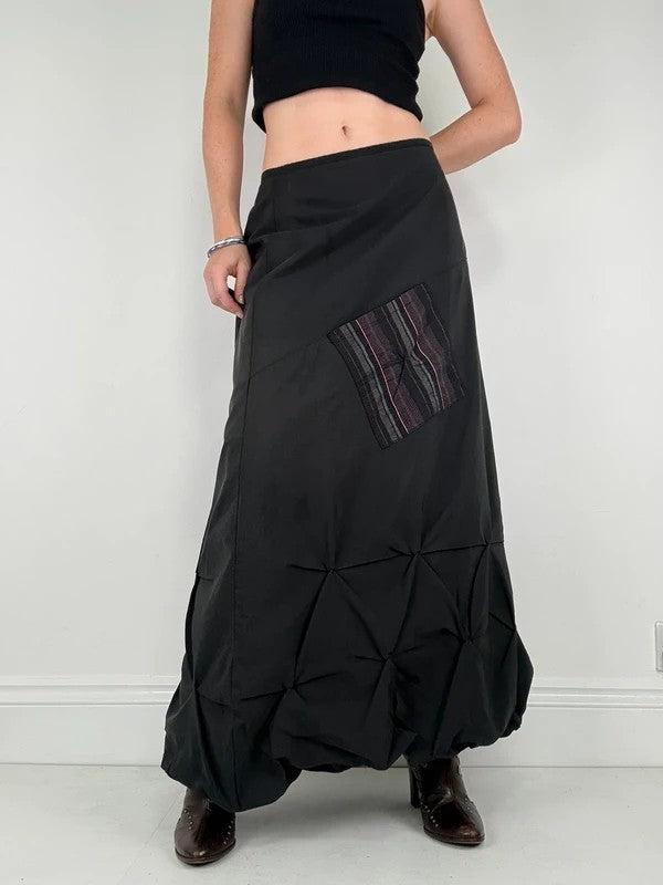 Black pleated puff maxi cargo skirt