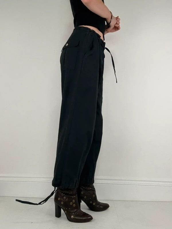 navy drawstring linen low rise trousers