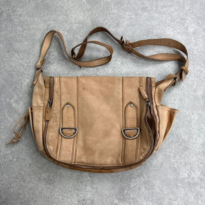Tan distressed leather zip city crossbody D-ring bag