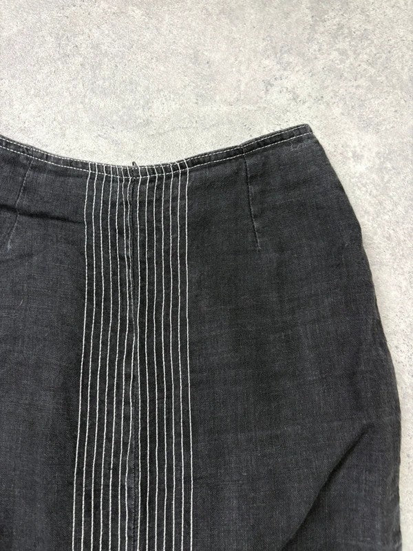 black linen high-waisted stitched flare maxi skirt
