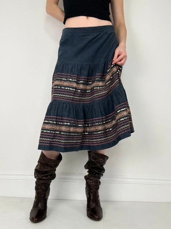boho cord flared embroidered tiered sequin midi skirt