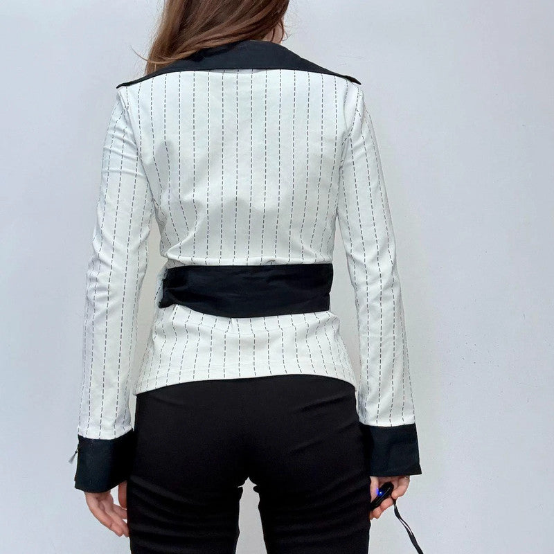 pinstripe officecore zipper flare shirt