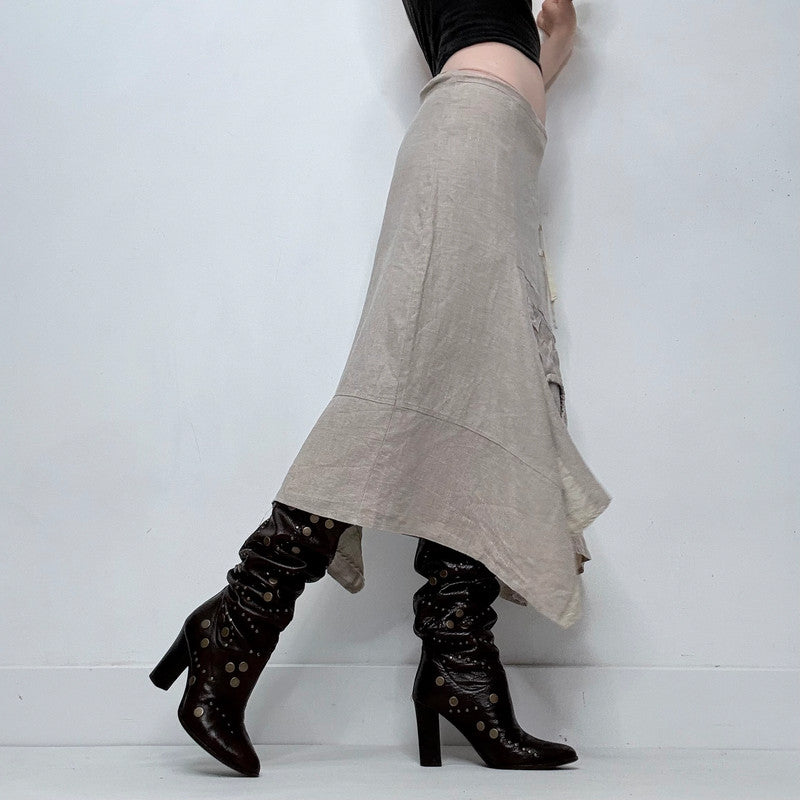 beige linen asymmetric panelled skirt