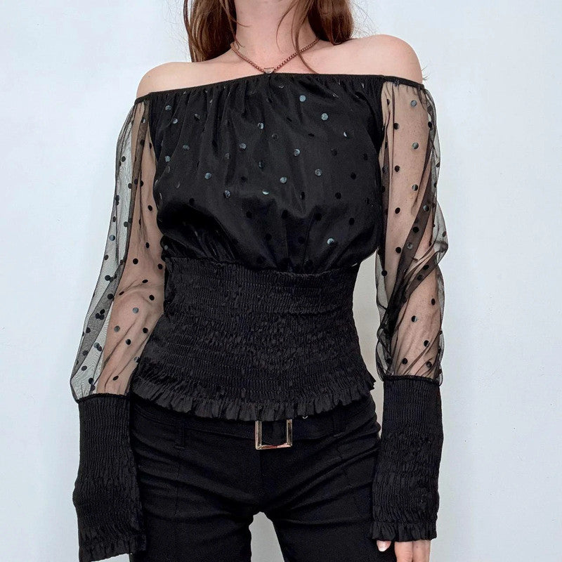 black off the shoulder sheer polkadot top