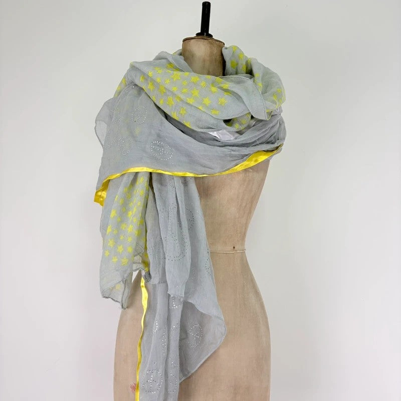 Sheer grey cotton shawl boho patchwork scarf