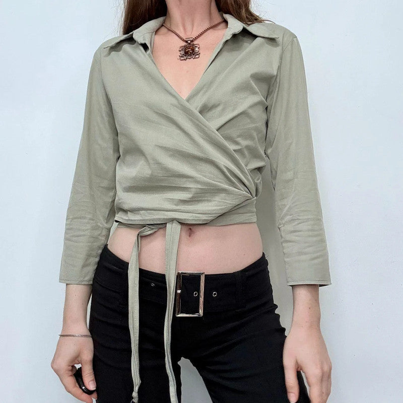 khaki green wrap cropped shirt