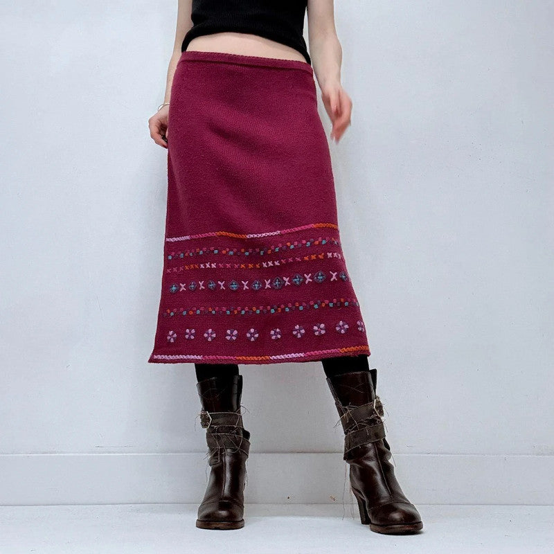 pink hippie knitted embroidered midi skirt